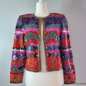 Vintage Super Cool Bold Beaded Sequin The Nanny Statement Blazer Slightly Crop